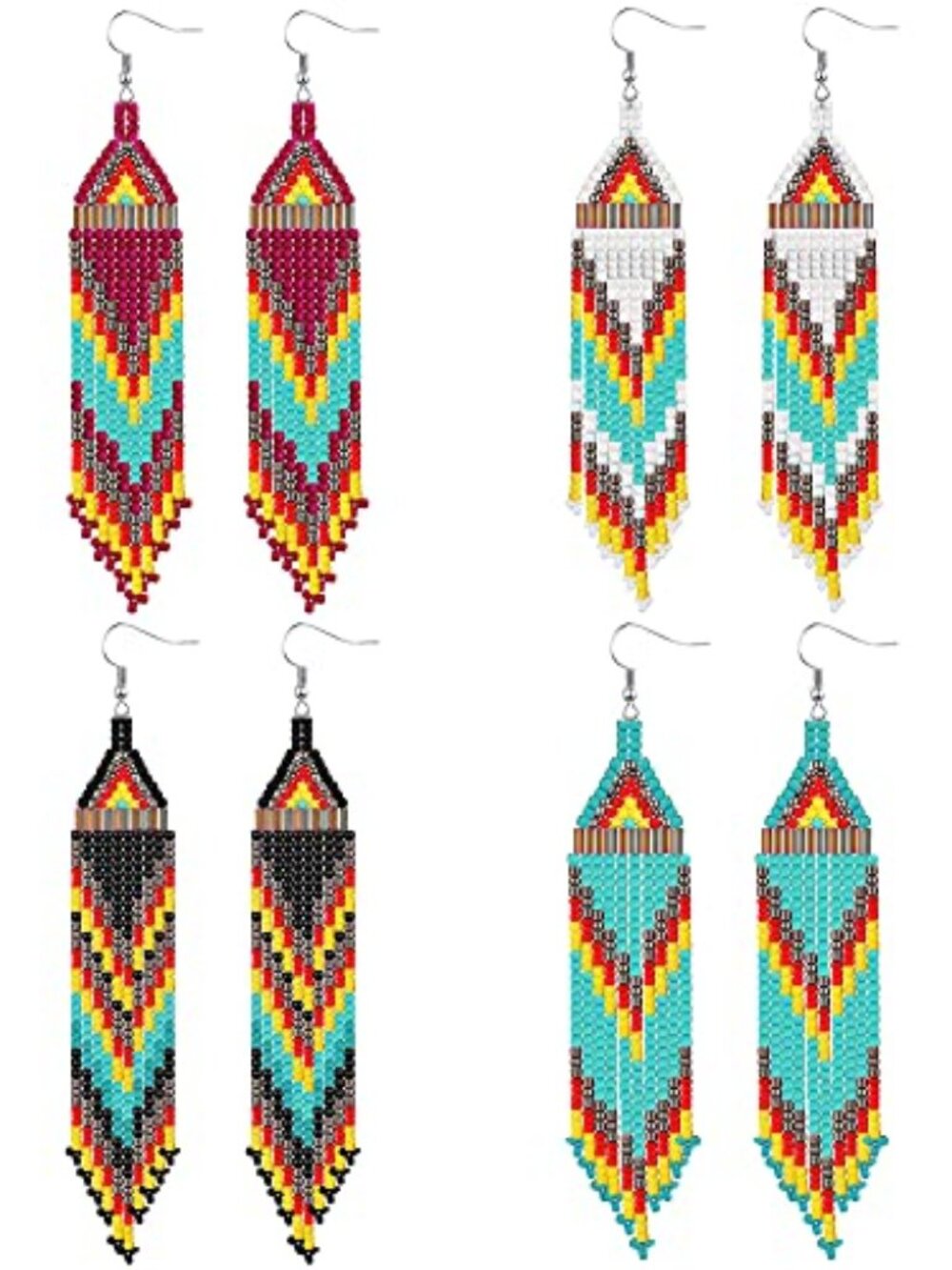4 Pcs Long Beaded Tassel Earrings Bohemia Native Handmade Statement‎ Fringe Drop
